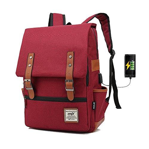 J013 Mochila Portátil Casual del Trabajo Diario Camping Viaje, Mochila para Portátil Multiusos Daypacks con Puerto de Carga USB (wine red)