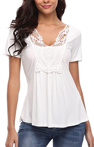 MISS MOLY Mujer Túnica de Manga Corta Casual con Cuello en V y Parte Delantera Plisada Blanco - XS