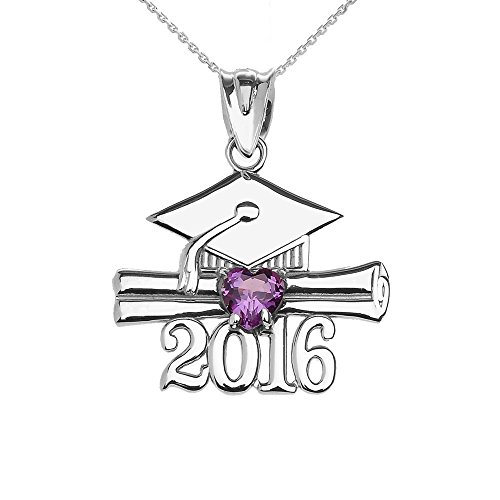 Plata esterlina Corazón Febrero Piedra de Nacimiento Morado Circonitas cúbicas Clase de 2016 Collar de graduación Colgante (Longitud de Cadena Disponible 40cm- 45cm - 50cm - 55cm)