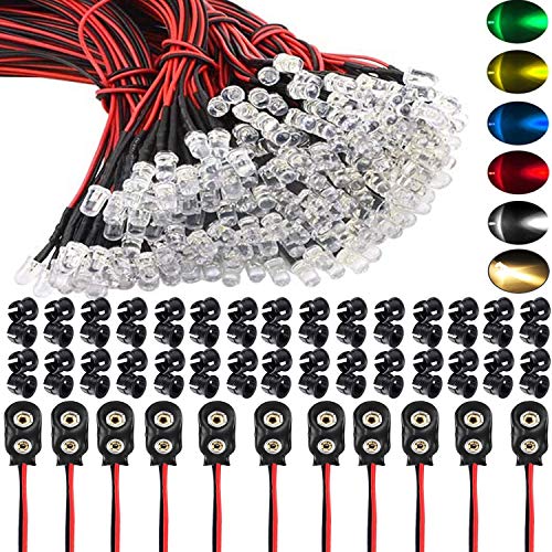 RUNCCI-YUN 60Pcs 5mm Luces LED de Diodo 12V DC Pre Wired LED Diodos Emisores de Luz Lámpara+ 60Pcs 5mm Plástico Soporte de LED Clip Montaje+ 10Pcs Conector de batería de 9V