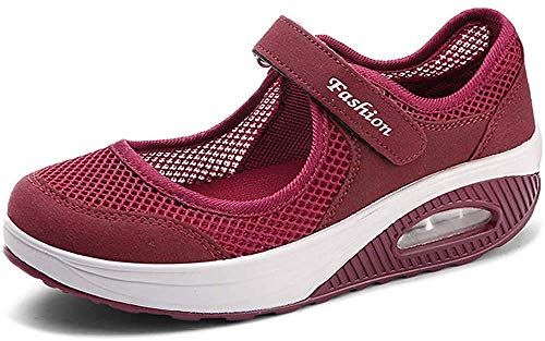 Sandalias para Mujer Malla Merceditas Plataforma Ligero Zapatillas Sneaker Mary Jane Casual Zapatos de Deporte Mocasines Negros Verano A-Rojo-2 EU40