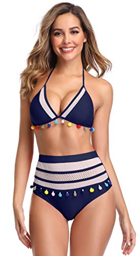 SHEKINI Dividir Triángulo de la Copa de la Mujer Bikini Correa del Halter Set de natación Color Bolas de Pelo Cintura Alta Traje de baño Traje de baño (S, B-Azul Profundo)