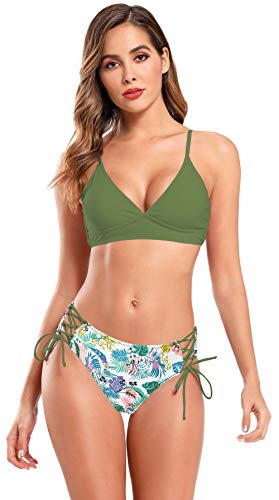 SHEKINI Mujer Bikini Ropa de Baño Dividida Traje de Baño de Dos Piezas de Cuello en V Sexy Corbata de Cintura Alta con Baúles de Baño Estampados (L, Verde Oliva)