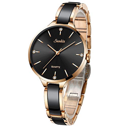 SUNKTA Oro Rosa Relojes para Mujer Cuarzo analógico Impermeable Relojes Señoras Lujo Elegante Casual Cerámica Chicas Reloj de Pulsera