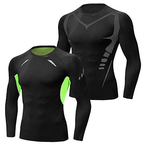 Sykooria 2 Pack Camiseta de Compresión Deportiva para Hombre Ropa Deportiva de Manga Larga Transpirable Secado Rápido Correr Entrenamiento Ciclismo