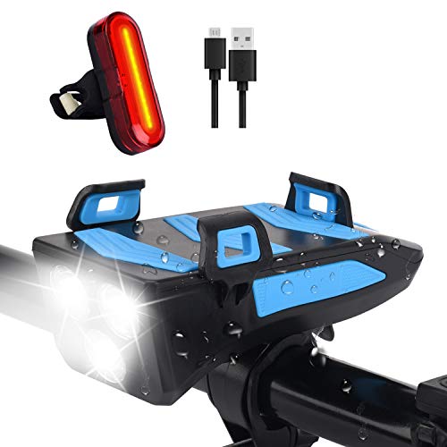 SYTUAM Luces Bicicleta Recargables,con Bocina 5modos 4000mAh 480lm,Luces Bicicleta Delanteras y traseras superbrillantes 3+5modos Impermeable con Soporte para teléfono móvil (Mejora de la luz trasera)