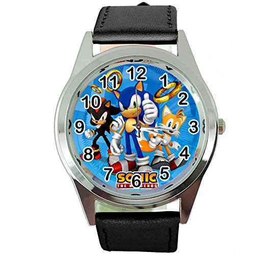 TAPORT® Reloj de cuarzo negro banda de cuero redondo para Sonic The Hedgehog Fans E2