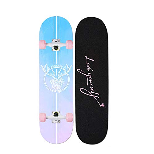 VByge Skateboard Principiante Pink Girl Monopatines Adulto Adolescente Cuatro Ruedas Doble Alice Longboard 79x19cm Cabeza de venado