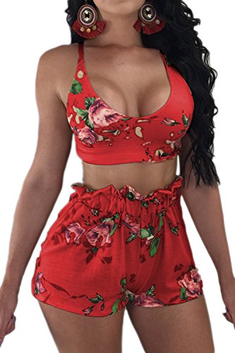 YACUN Mujer Verano Playa Dos Piezas Conjunto Chaleco Top Pantaloines Cortos Traje Bodysuit Casual Sport Floral Sets Rojo S