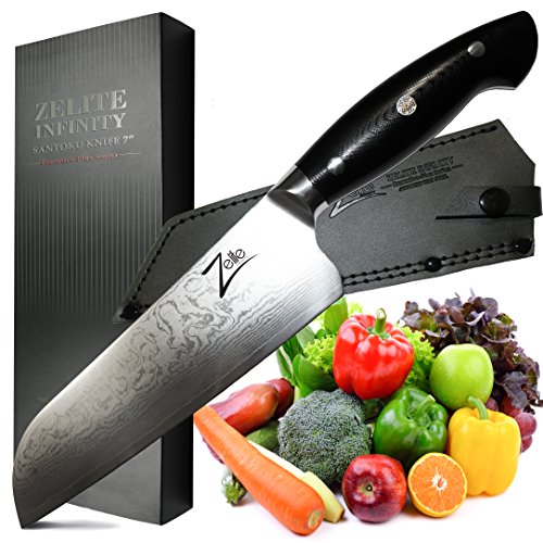 Zelite Infinity Cuchillos Cocina Santoku 18cm - Serie Executive-Plus - Cuchillos Cocina Profe-sional Acero Japonés Damasco 67 Capas VG10 - Cuchillos Japoneses Cuchilla de 53mm - Funda de Cuero