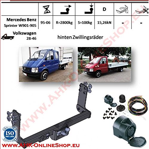 AHK Remolque con eléctrico de 13 pines para Mercedes Sprinter W901 – 905/VW 28 – 46 1995 – 2006 fahrgestell/pritsche anhängev orrichtung – Colgar fijo, con angeschraubtem Rótula