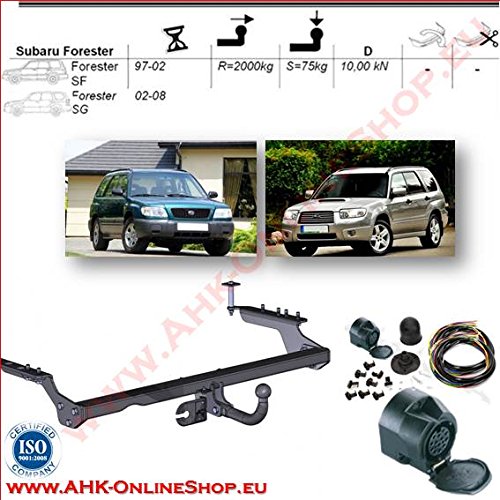 AHK Remolque con eléctrico de 13 pines para Subaru Forester 1999 – 2008 anhängev orrichtung – Colgar fijo, con angeschraubtem Rótula