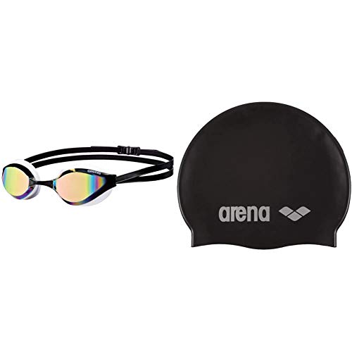 ARENA Python Mirror Gafas de Natación, Unisex Adulto, Blanco (revo/White), Talla Única + Classic Gorro de Natación, Unisex Adulto, Negro (Black/Silver), Talla Única