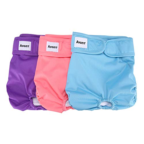 Avont 3 Packs - Pañales Lavables para Perras, Reutizables y Duraderos para Perros Hembra, Female Dog Diapers Altamente Absorbentes -M, 13"-19" Cintura, Morado/Azul/Rosa