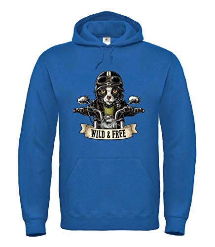 Druckerlebnis24 - Sudadera con capucha para hombre y mujer, diseño de gato y casco de moto azul M