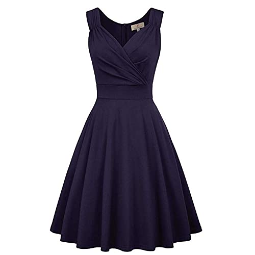 EMPERSTAR Ladies V-Neck Retro Sleeveless A-Line Swing Party Dress Elegant Dress Ciemny Niebieski M