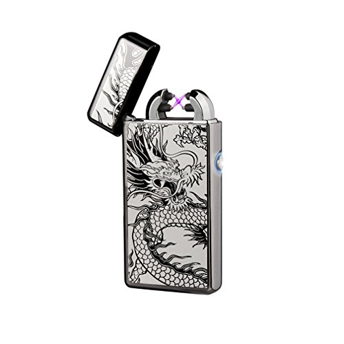 Emsmil USB Mechero Electrico Encendedor Lighter Antiviento Electronico Recargable Doble Arco sin Llama para Cigarrillos Metal Clasico de Hombre Dragón