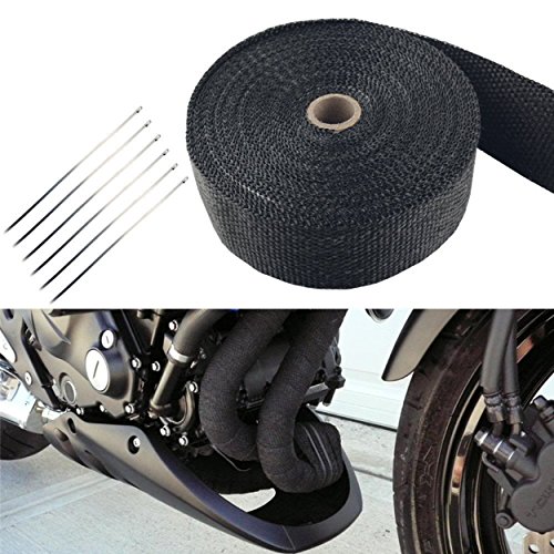 FREESOO Rollo de Cinta Aislante de Fibra para Tubo de Escape Titanio calor de Coche o Motocicleta 15M + 6 barras de acero inoxidable)