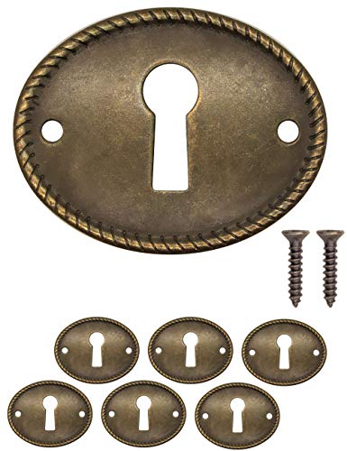 FUXXER® - 6 placas de llave antiguas, rosetas de cerradura, herrajes para cerraduras, agujero para llave, diseño vintage de latón, juego de 6 con tornillos, 37 mm x 29 mm, color bronce.