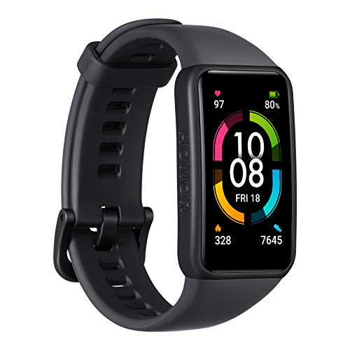 HONOR Band 6 Pulsera Inteligente Pantalla Completa 1.47"AMOLED Pantalla táctil a Color SpO2 Frecuencia cardíaca Sueño Estrés Natación Rastreador de Actividad Versión Global, Negro