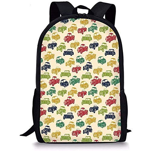 Hui-Shop Mochilas Escolares Coches, Varios vehículos con Bordes curvos Diseños de Autos Antiguos de los años Cincuenta, Azul Oscuro Rojo Verde Helecho para niños niñas