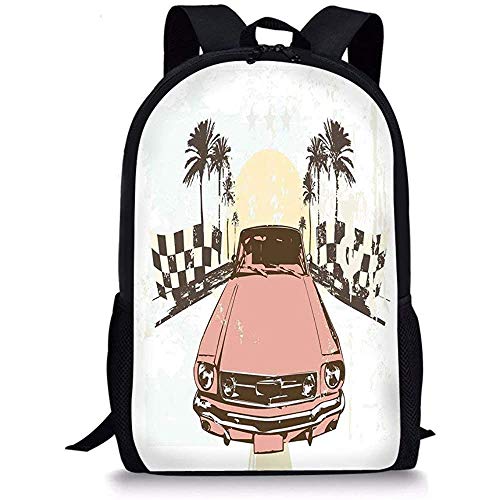 Hui-Shop Mochilas Escolares Grunge, Old Fashioned Car Auto Sport Checkers Palms Sun Retro Road Racing Speed, Coral Mint Green Yellow