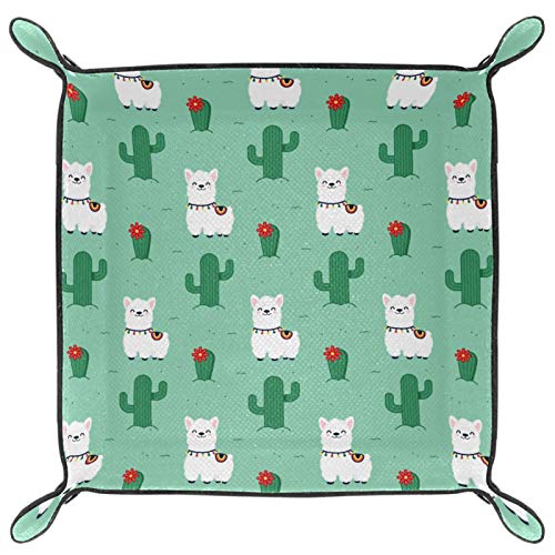 JHKHJ Bandeja plegable de cuero de la PU para el almacenamiento de la joyería del reloj, soporte de la caja de almacenamiento de la alpaca Llama blanco cactus verde