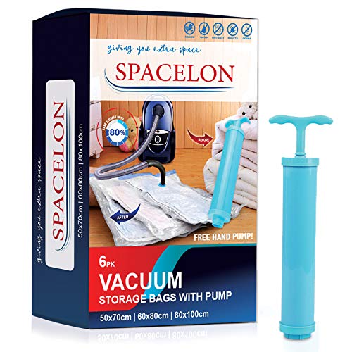 KEPLIN 6pk Spacelon Bolsas de Almacenamiento al Vacío, (S) 50x70cm, (M) 60x80cm & (L) 80x100cm.Extra grueso, doble cremallera y triple sello Mega-Válvula. incluido Hand-Pump. Dar el máximo espacio