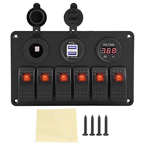 KIMISS ABS 12V / 24V 6 Gang Panel de interruptor basculante de LED para Coche barco marino, Dual USB voltímetro encendedor de cigarrillos(naranja)