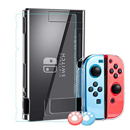 Lammcou Estuche para Nintendo Switch Funda de protección transparente acoplable con protector de pantalla de vidrio templado 9H y tapas de joystick con diseño de garra de gato