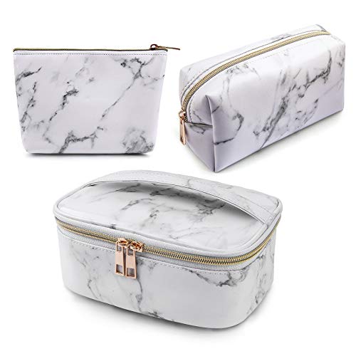 MAGEFY 3 bolsas de maquillaje portátil de viaje bolsa de cosméticos impermeable organizador multifunción estuche con cremallera dorada de mármol bolsas de aseo para mujer