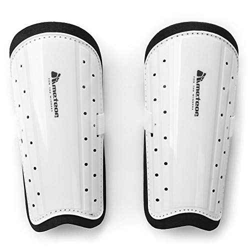 meteor Canilleras Plastico Fútbol Espinilleras Ultra-Ligero Equipo de Protección para Niños y Jóvenes Shin Pad Protectora Niño Juventud Adulta (S, Blanco)