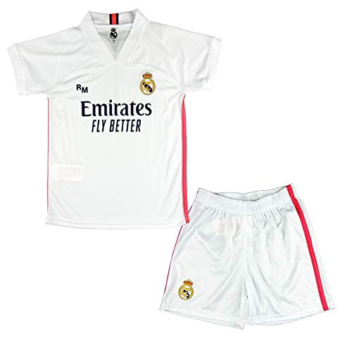 Real Madrid CF Conjunto Camiseta y Pantalón Infantil Primera Equipación Temporada 2020-21 - Producto Oficial Licenciado -Color Blanco (5-6 años, Blanco)