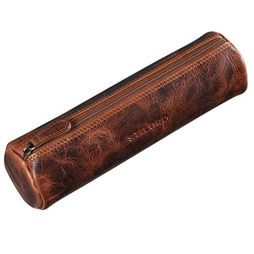 STILORD 'Miller' Estuche Redondo Piel Vintage Bolsa para Lápices y Bolígrafos Estuche Escolar Pencil Case Roll Portatodo para Hombre Mujer Cartuchera de Cuero, Color:Kara - Cognac