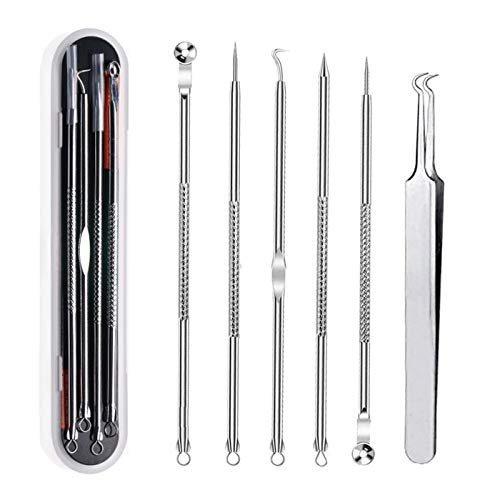 SZSHIMAO Extractor Limpiador Espinillas Acné Punto Negro Comedones Blackhead Remover Kit Herramientas,Acero Inoxidable Espinilla Pin Spot Aguja Pinzas Juego de 6Pcs-Mit Box