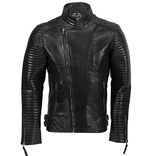 Xposed Chaqueta de piel auténtica para hombre, estilo retro, estilo Moto Cafe con cremallera cruzada, color marrón, color Negro, talla 5X-Large