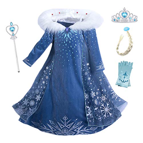 YOSICIL Vestido Elsa con Capa Disfraz de Princesa de Invierno Niñas Manga Larga Vestido Frozen Nieve Traje de Fiesta Costume Princesa Anna para Regalo Cumpleaños Boda 3-10Años