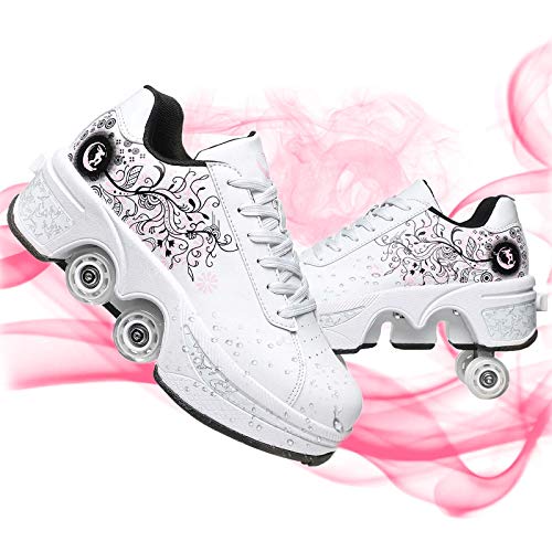 Zapatos Multiusos 2 En 1 Patines Zapatillas Quad Roller Polea Los Patines De Hielo Patines En Línea De Nuevo Diseño Rodillo Shoes Sneakers,White Pink,EU 34(US 5)