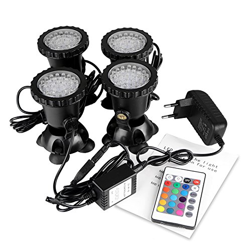 ALLOMN Foco de 36 LED, sumergible, IP68, resistente al agua, para acuario, estanque, con enchufe europeo (juego de 4 luces)