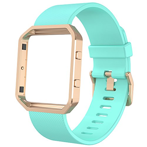 Anjoo Correa Compatible con Fit bit Blaze, Deporte de Repuesto Ajustable de Silicona Suave Correa Smart Fitness Watch con Marco de Metal, Verde/ Oro Rosa, 5,5-6,7 Pulgada