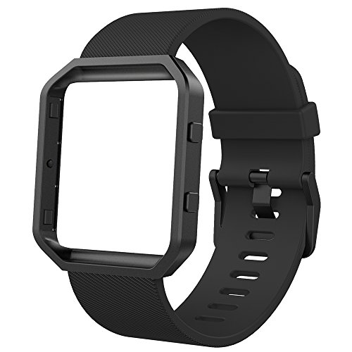 Anjoo Correa compatible para Fit bit Blaze, Deporte de Repuesto Ajustable de Silicona Suave Correa para Fit bit Blaze Smart Fitness Watch con Marco de Metal, Negro/ Negro, 5.5-6.7 Pulgada