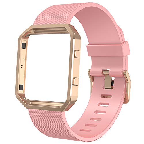 Anjoo Correa compatible para Fit bit Blaze, Deporte de Repuesto Ajustable de Silicona Suave Correa para Fit bit Blaze Smart Fitness Watch con Marco de Metal, Rosa/ Oro Rosa, 6.7-8.1 Pulgada