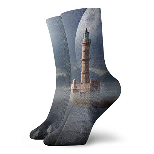 BJAMAJ Calcetines Unisex de poliéster con diseño de Faro de fantasía y Luna y Roca