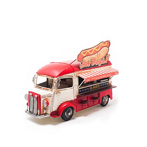 Furgoneta Hot Dogs, Food Truck Vintage en Miniatura vehículo decoración, réplica de Metal (Medidas 28x15,5x20,5cm) (Roja)
