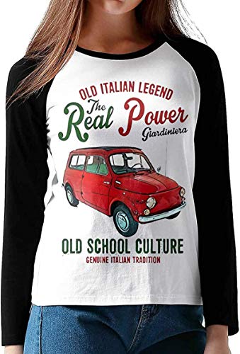 Italian Car Fiat 500 Giardiniera Women's Long Sleeve T-Shirt Printed Casual Raglan Sleeves Baseball tee Black,Black,Large