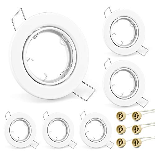 KYOTECH Marcos de montaje foco empotrable Giratorio 30° Pack de 6,Incl. Zócalo Gu10 Para Lámparas De Leds O Halógenas, focos empotrables Lacado blanco brillante, Marco gu10 Para Cocina Oficina Pasillo