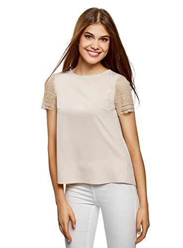 oodji Collection Mujer Blusa con Mangas de Encaje, Beige, ES 42 / L