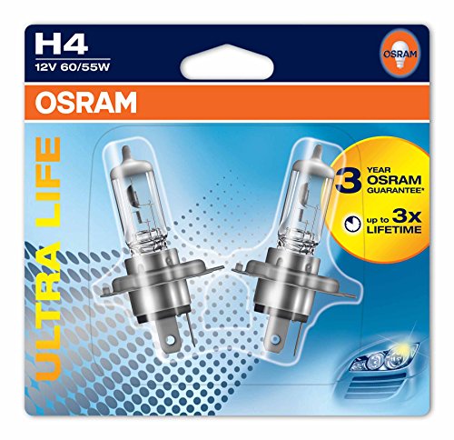 Osram 64193ULT-02B Ultra Life H4 Lámpara Halógena para Faro Principal, 3 Veces más Duración, 12V, 60/55W, Casquillo P43T,Embalaje Blister Doble