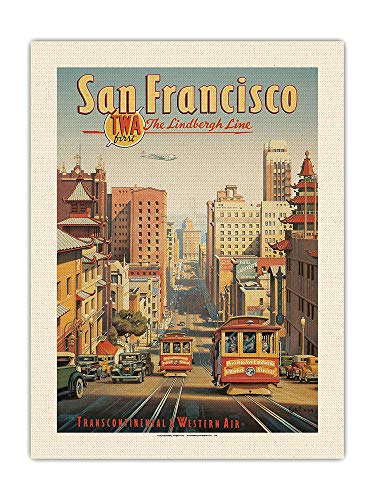 Pacifica Island Art Kerne Erickson - Póster de San Francisco, línea Lindbergh – TWA – California Street Cable Cars – Vintage Airline Travel Poster por Kerne Erickson – lienzo orgánico RAW 61 x 81 cm