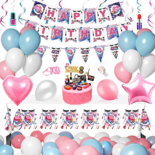 Set Suministros Fiesta Cumpleaños Spa Maquillaje, Globos Cosméticos Moda con Pancarta, Adorno para Tarta, Mantel, Globos Papel Aluminio Forma Corazón para Decoración Fiesta Cumpleaños Niñas 18, 21,30